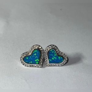 Simulated Opal and CZ Sterling Silver Heart Earrings